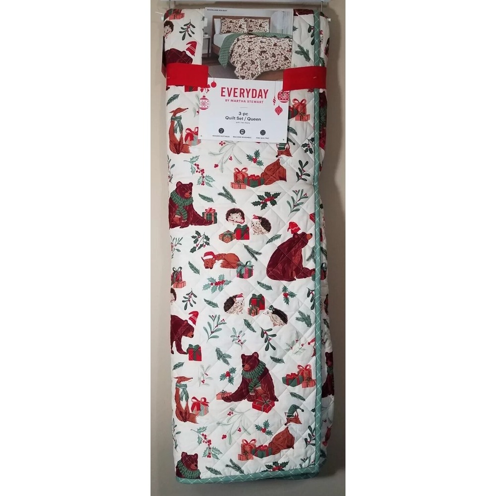 Martha Stewart Christmas Woodland FULL/QUEEN SIZE Reversible‎ Quilt 3 pc Set NEW